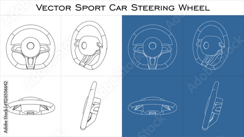 Car Steering wheel vector line technical drawing set. blueprint wireframe outline Automobile steer wheel isolated on transparent background