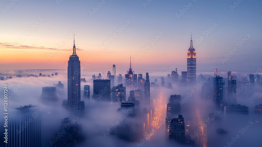 Obraz premium Misty Metropolis A Captivating Cityscape Enveloped in Atmospheric Fog
