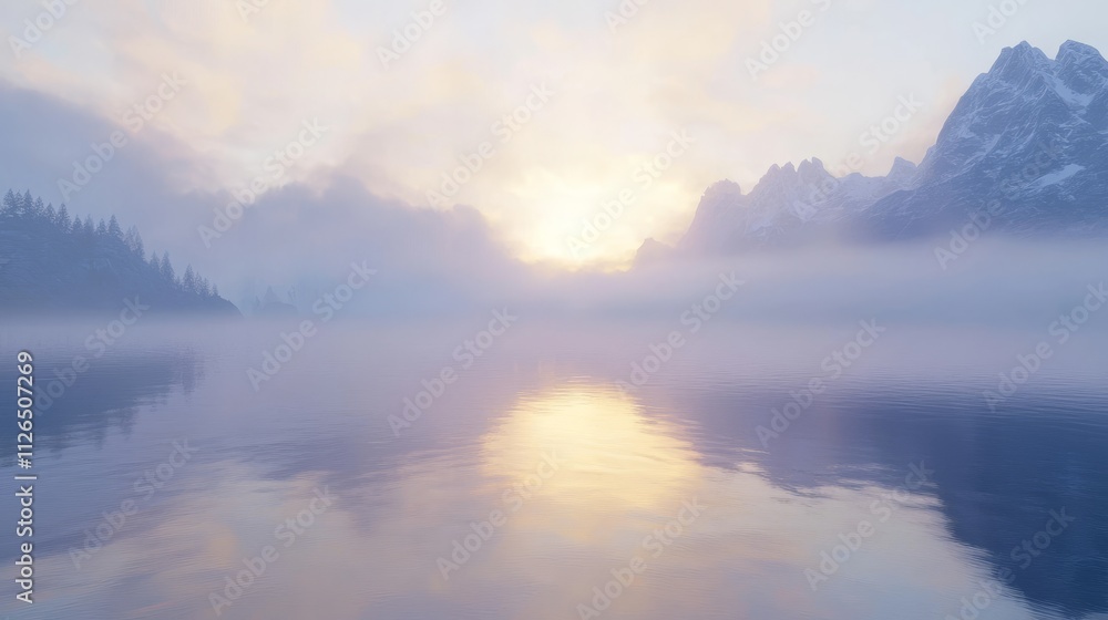 Fototapeta premium Misty Mountain Lake Sunrise Reflecting in Tranquil Waters