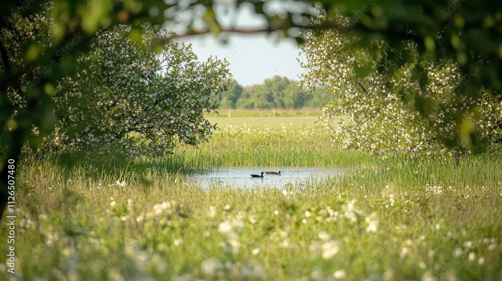 Fototapeta premium Peaceful Scenic Landscape with Ducks Swimming in a Tranquil Pond Surrounded by Nature