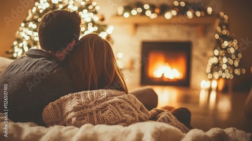 Parents and kids cuddling under a blanket by the fireplace on New Year s Eve close up, cozy theme, warm, manipulation, living room backdrop photo