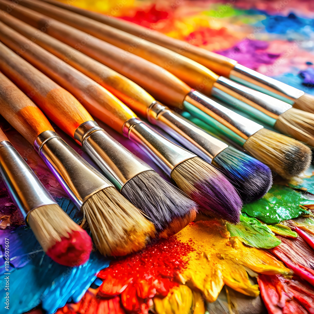 Fototapeta premium A vibrant arrangement of paintbrushes dipped in bright color