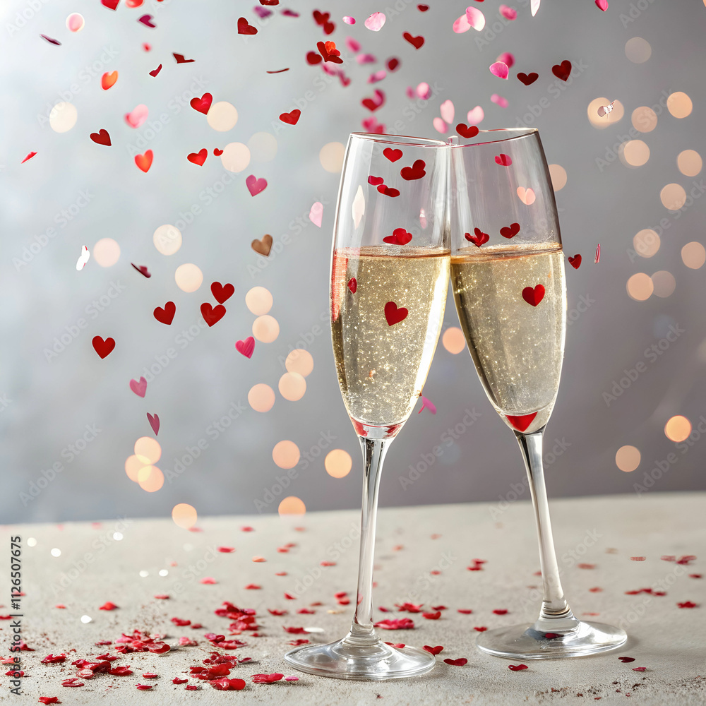 Two champagne glasses clinking together, surrounded by heart-shaped confetti, Two champagne glasses clinking together, surrounded by heart-shaped confetti,