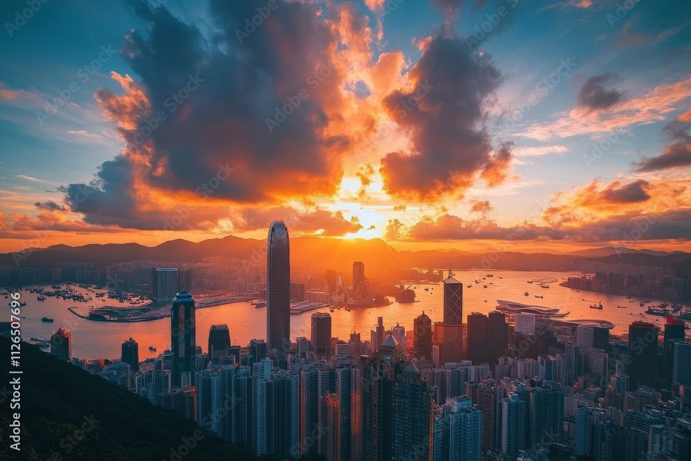 Fototapeta premium breathtaking city skyline at sunset with clouds and water reflections