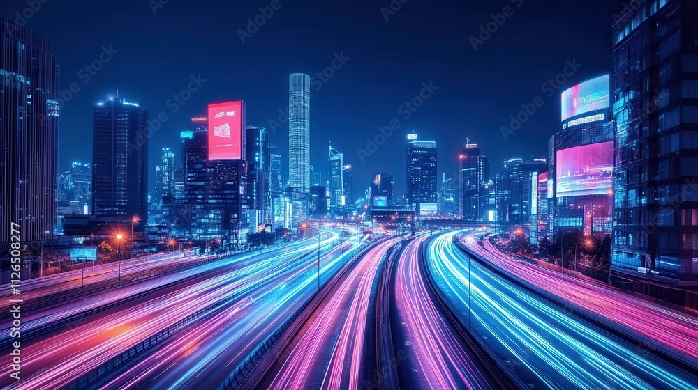 Futuristic cyberpunk cityscape with blue and pink light trails, portraying a sci-fi downtown scene at night with skyscrapers, highways, and billboards Futuristic cyberpunk cityscape with blue and pink light trails, portraying a sci-fi downtown scene at night with skyscrapers, highways, and billboards