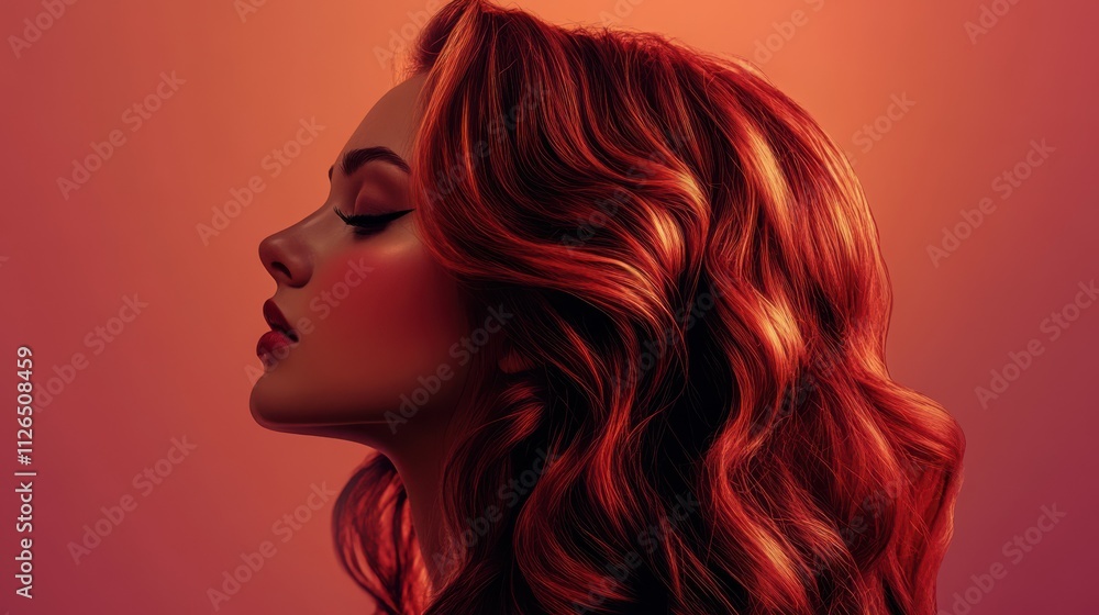 Beautiful woman in profile with long and shiny wavy hair . Beauty model girl with curly hairstyle . Fashion, cosmetics and makeup Beautiful woman in profile with long and shiny wavy hair . Beauty model girl with curly hairstyle . Fashion, cosmetics and makeup