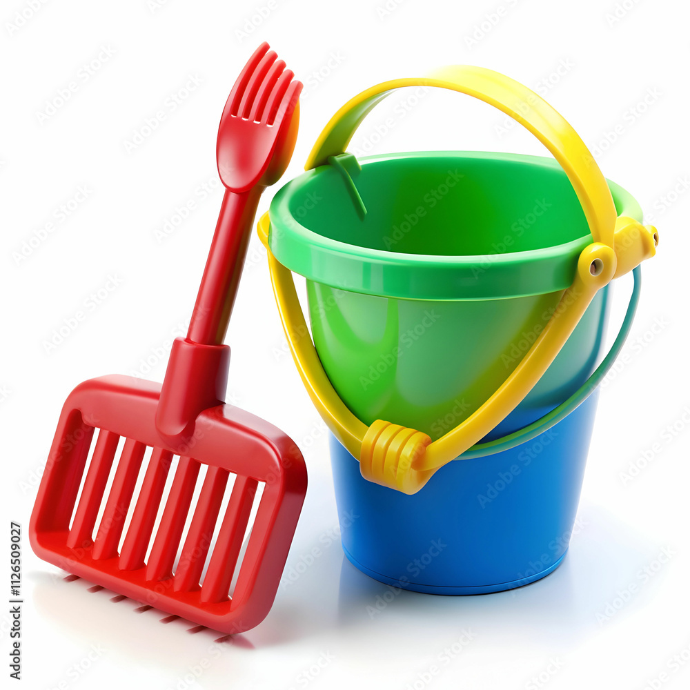 Baby Toy Bucket with Shovel and Rake Isolated Baby Toy Bucket with Shovel and Rake Isolated