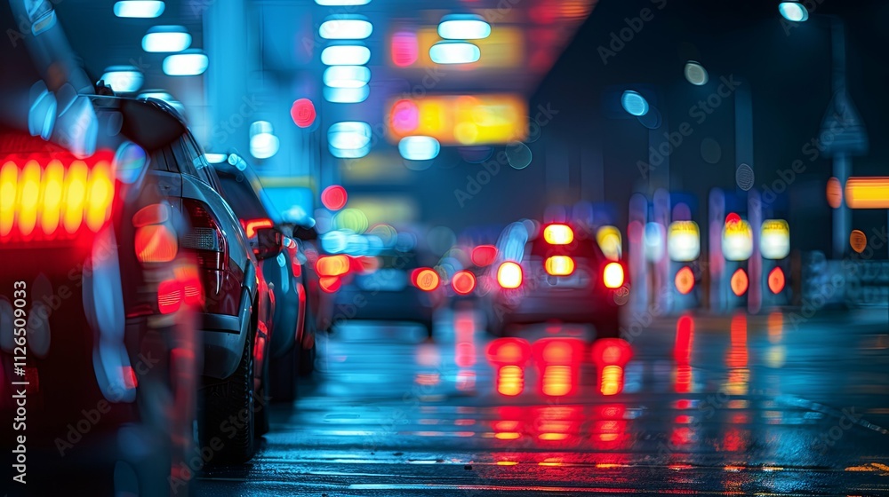 Obraz premium Night Traffic Jam: Blurred Cityscape with Car Taillights Reflecting on Wet Road