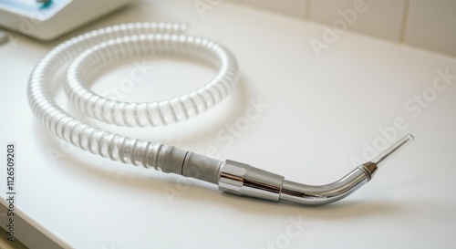 Sterilized dental suction hose on clean white surface for hygienic treatment tools