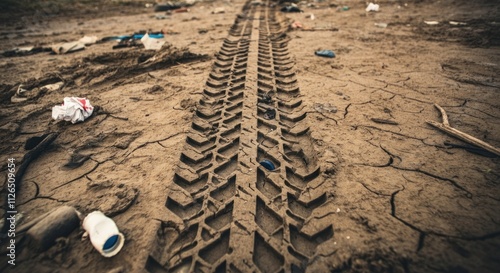 Muddy terrain with tire tracks and litter symbolizing environmental pollution and earth degradation