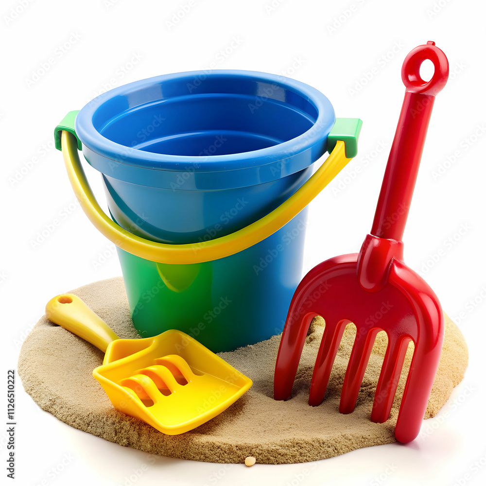 Baby Toy Bucket with Shovel and Rake Isolated Baby Toy Bucket with Shovel and Rake Isolated