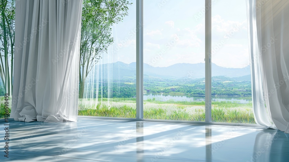 Serene Countryside Landscape Reflected in Minimalist Glass Window Serene Countryside Landscape Reflected in Minimalist Glass Window