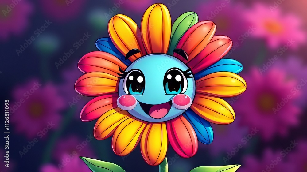 Naklejka premium Groovy Rainbow Daisy 90s Retro Cartoon Illustration