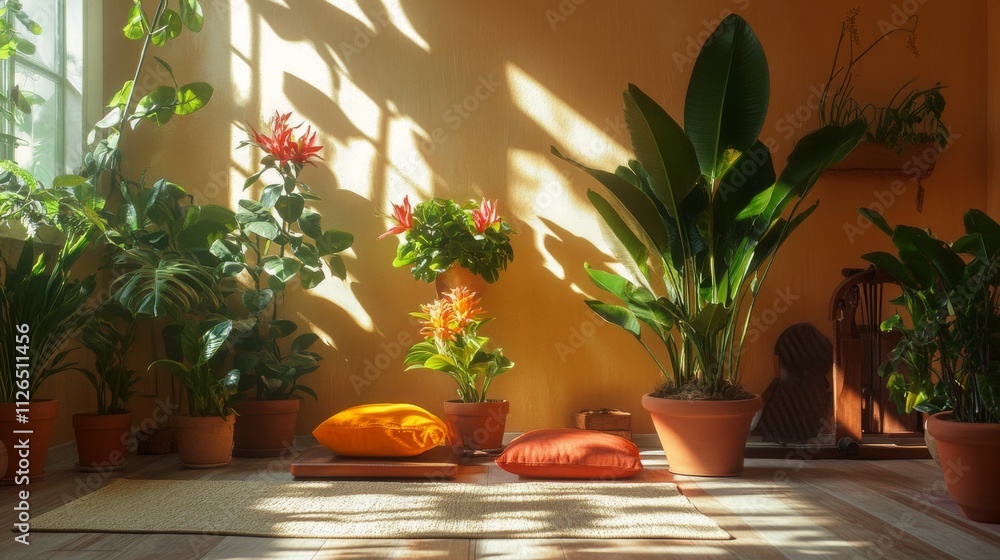 Indoor workout rest moment, minimal athletic attire, warm morning light streams, potted tropical plants, exercise space, terracotta flowers arrangement, zen atmosphere, lifestyle wellness photography