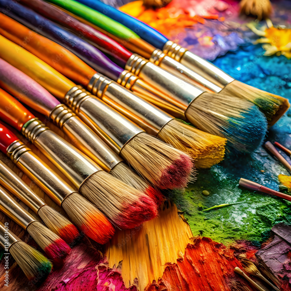 Fototapeta premium Brightly colored paintbrushes are dipped in vivid hues and laid out