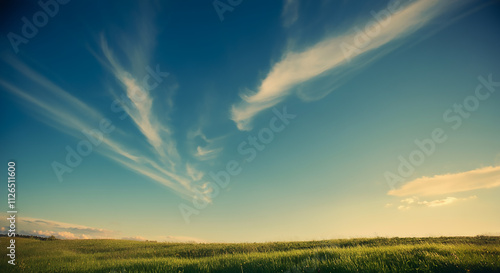 A vibrant blue sky with delicate, wispy cirrus clouds stretching across, with a lush green meadow below