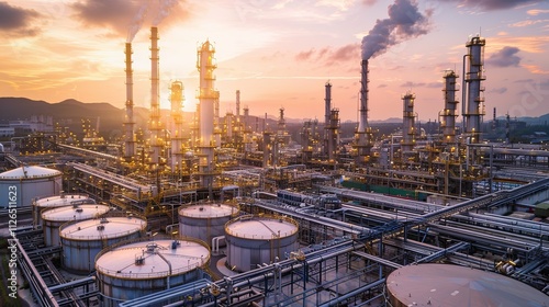 Extensive Petrochemical Refinery at Sunset, Industrial Complex