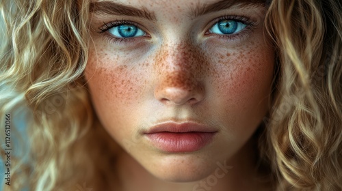 blond woman blue eyes long hair posing face streaming skin portrait teenage aphrodite medium curly lens age freckles