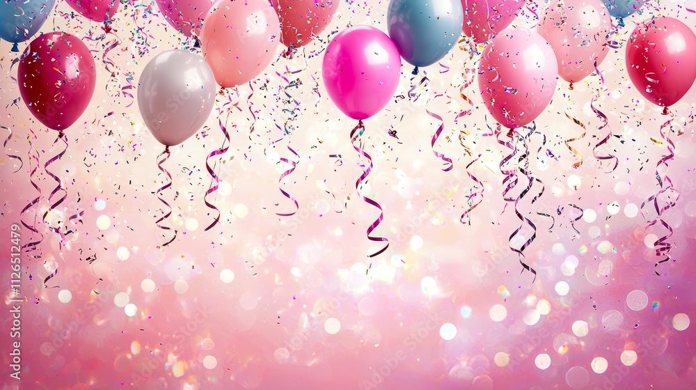 Soft Pink Birthday Invitation Background with Floating Balloons and Confetti Soft Pink Birthday Invitation Background with Floating Balloons and Confetti
