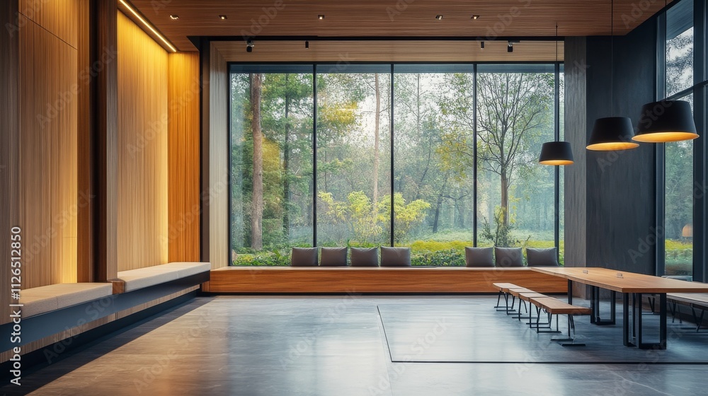 Fototapeta premium luxury office interior, minimalist conference setup, dramatic window feature, professional meeting space, wooden accent wall, ergonomic seating, premium business aesthetic, architectural corporate