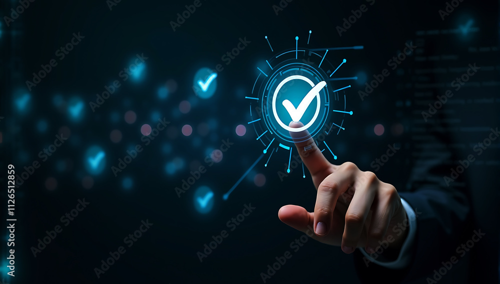 Man's hand touching verification mark, check, futuristic technology, blue tones, hand interaction, touchscreen concept Man's hand touching verification mark, check, futuristic technology, blue tones, hand interaction, touchscreen concept