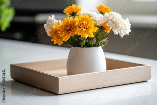 festive kitchen decor, colorful bathukamma flowers displayed on a wooden tray in a modern kitchen with festive decorations, allowing for personal touches photo