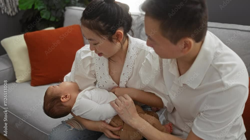 Mother and father lovingly hold their baby boy in a cozy living room, showcasing warmth and family bonds. Mother and father lovingly hold their baby boy in a cozy living room, showcasing warmth and family bonds.