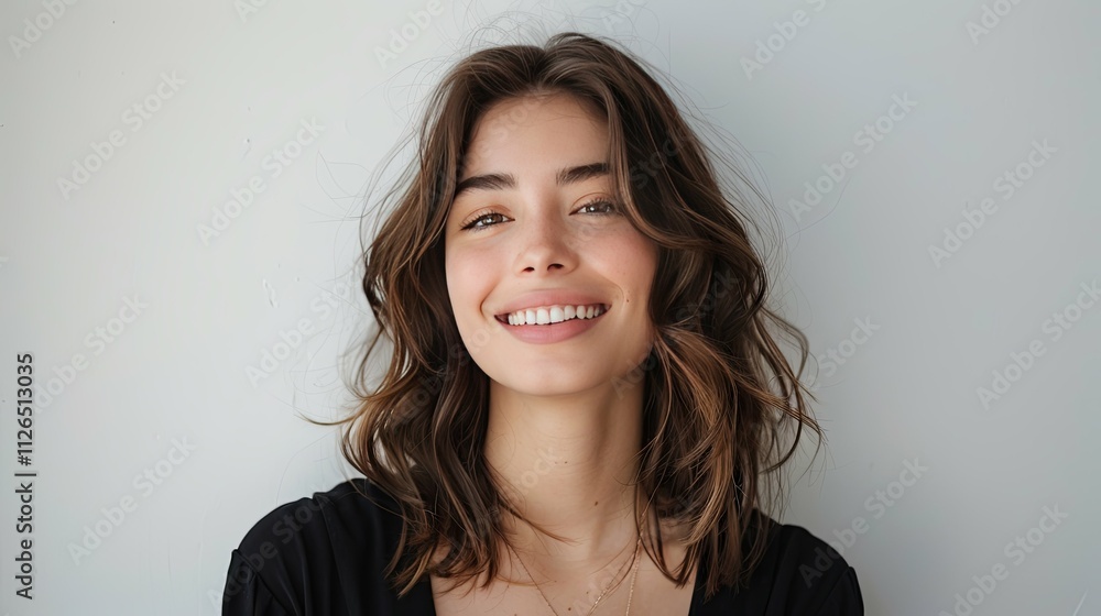 Portrait of a smiling young woman with shoulder-length brown wavy hair. Portrait of a smiling young woman with shoulder-length brown wavy hair.