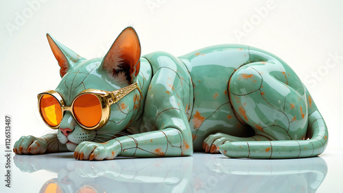 a ceramic cat with a pair of sunglasses on it's head