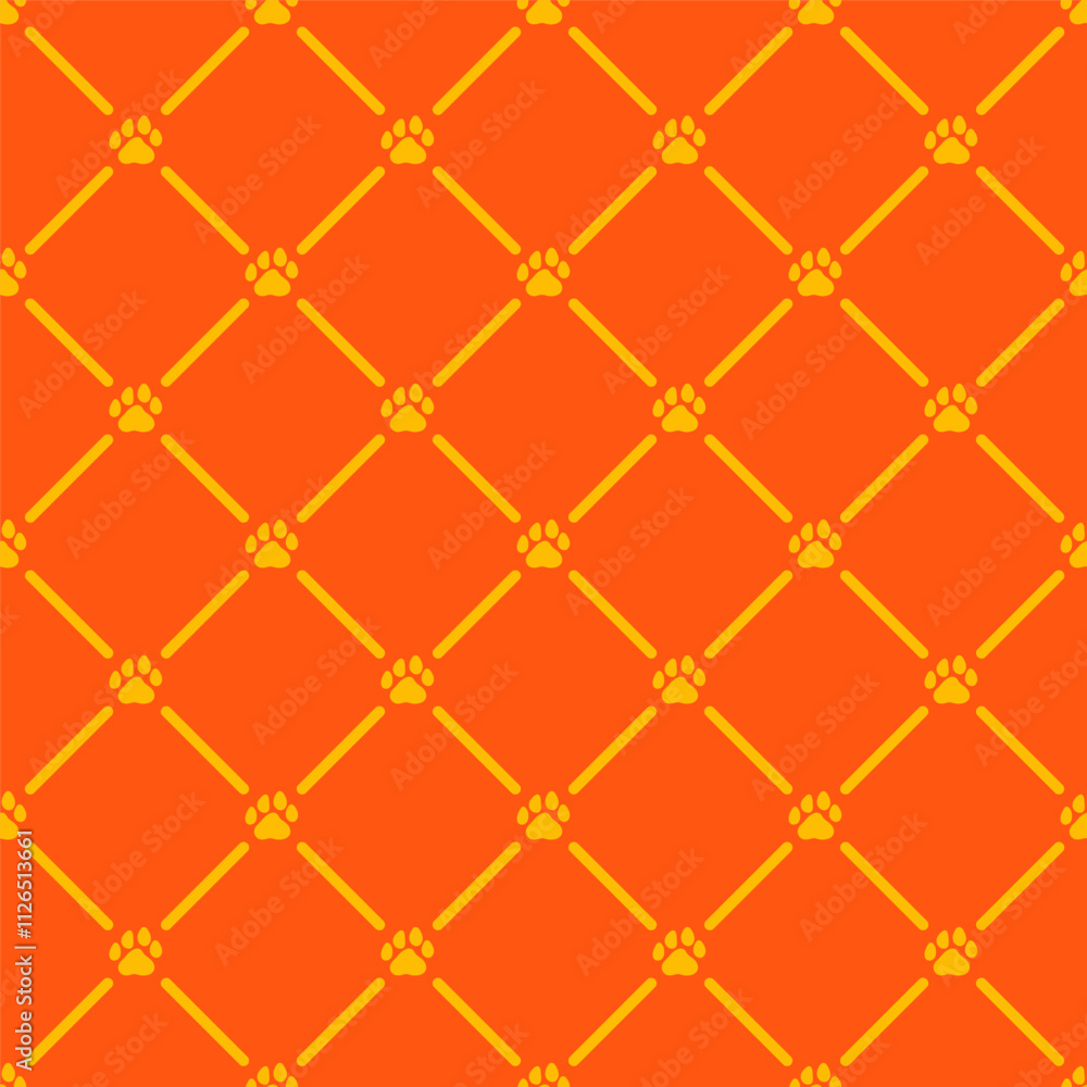 Fototapeta premium Orange seamless pattern with yellow paws