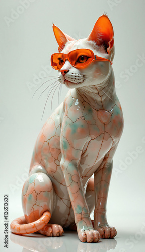 a ceramic sculpture of a cat sitting on a white surface