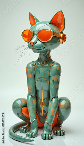a ceramic cat with sunglasses on it's head