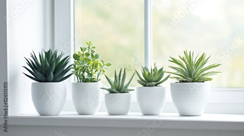 Minimalist windowsill garden, row of white ceramic planters, succulent plants, tropical leaves, natural window light, clean white interior, soft morning glow, modern home botanical styling