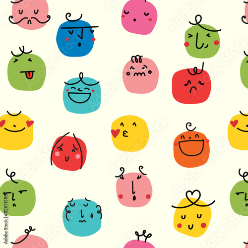 Doodle emoji seamless pattern. Hand drawn sketch positive emoticons background. Freehand emotion expression design