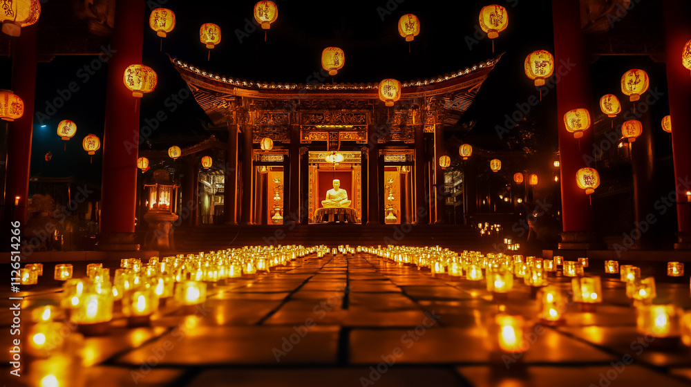 Obraz premium Temple Lit Up with Lanterns for Vesak