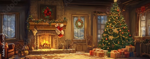 Wallpaper Mural Christmas tree decorated with beautiful toys and gifts near the fireplace with fire Torontodigital.ca