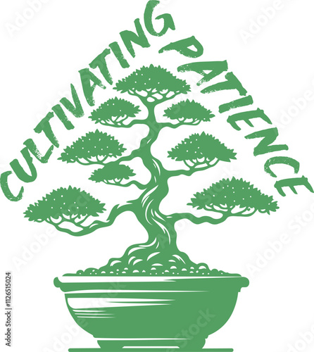 Illustration of a Bonsai with the phrase CULTIVATING PATIENCE