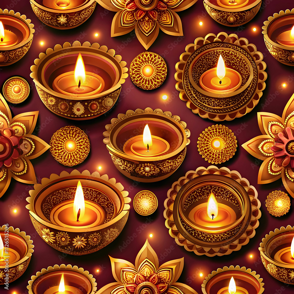 A creative display featuring patterns of multiple diyas A creative display featuring patterns of multiple diyas