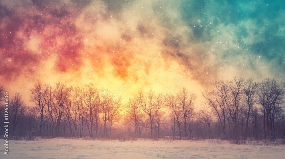 Fototapeta premium Fireworks with colored smoke above a winter forest, magical New Year s night focus on, winter theme, surreal, overlay, snowy forest backdrop