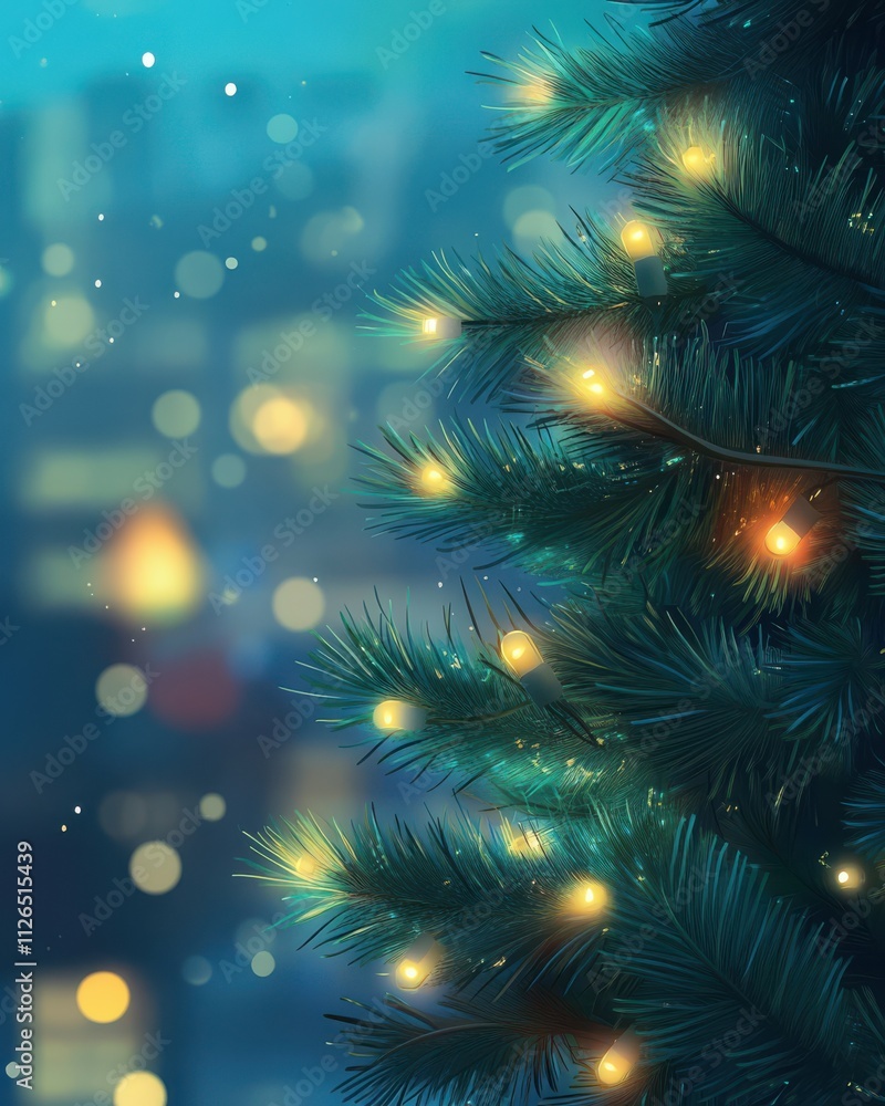 Christmas tree with garland lights. Evening city with blurred background and bright lights Christmas tree with garland lights. Evening city with blurred background and bright lights
