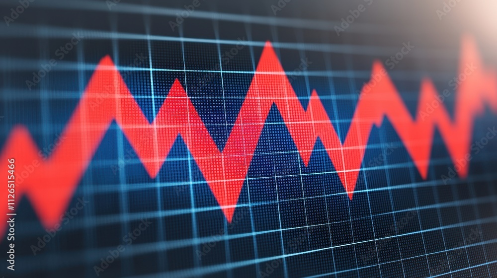Naklejka premium Red Trend Line on Chart Demonstrating Volatility and Market Fluctuations in Finance
