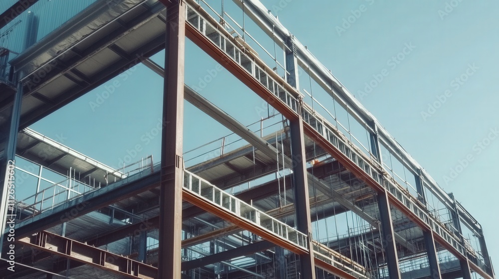 Steel Frame Building Under Construction Against Blue Sky Steel Frame Building Under Construction Against Blue Sky