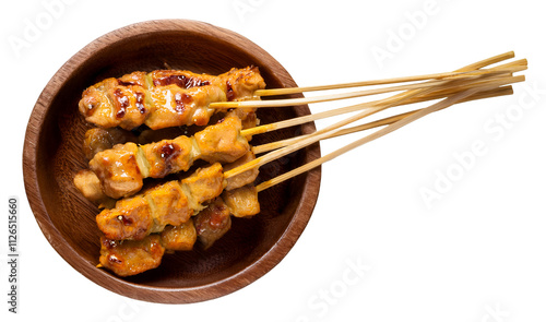 food Satay. in a wooden bowl isolated on top view. transparent background png