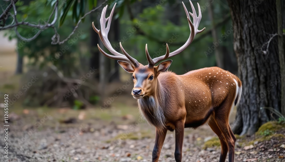 A majestic deer with antlers stands in a serene forest setting. A majestic deer with antlers stands in a serene forest setting.