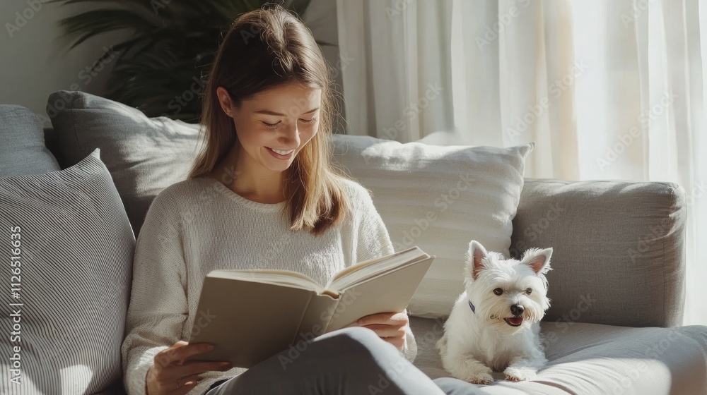 Peaceful living room moment, smiling brunette reading hardcover book, small white terrier companion, light gray upholstery, striped throw pillows, soft ambient lighting, minimalist interior design Peaceful living room moment, smiling brunette reading hardcover book, small white terrier companion, light gray upholstery, striped throw pillows, soft ambient lighting, minimalist interior design