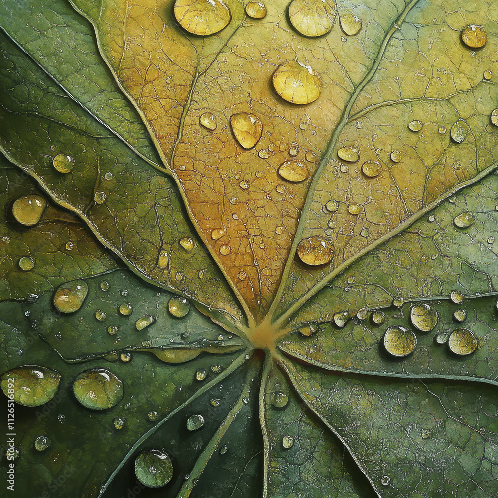 Fototapeta premium Close up view of water droplets on green leaf surface