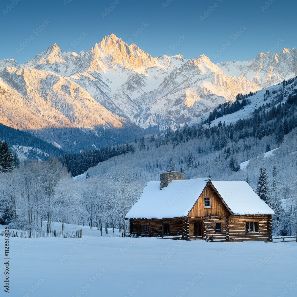 cozy cabin in a snowy landscape with mountains cozy cabin in a snowy landscape with mountains