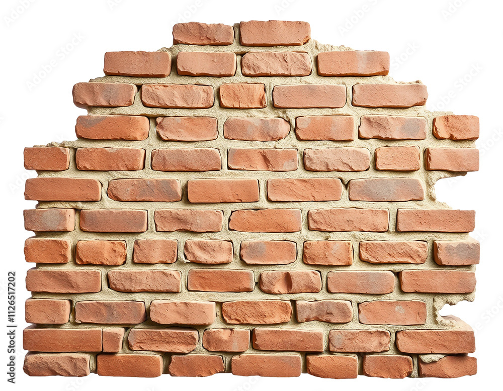 Fototapeta premium Rustic Brick Wall Isolated on White Background, Textured Construction Material Design, PNG Transparent.