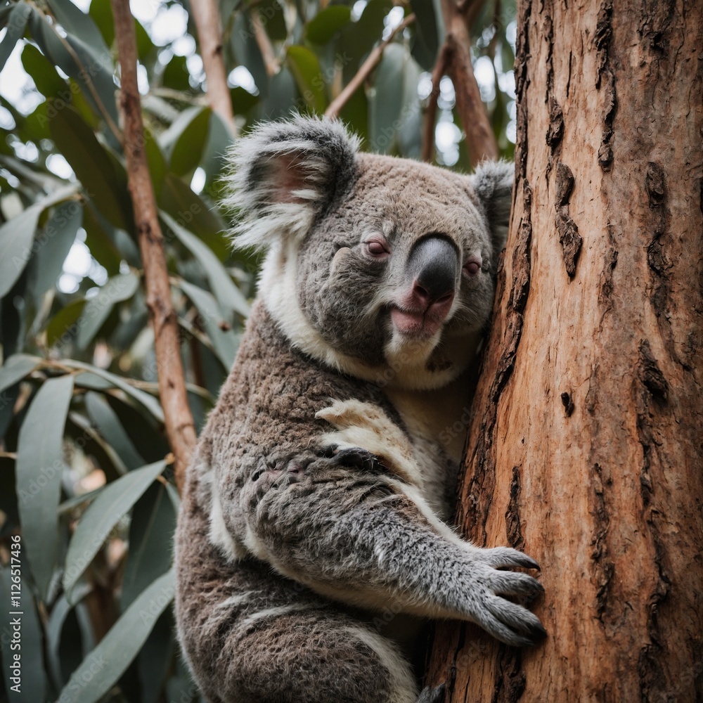 Obraz premium A koala peacefully sleeping in a eucalyptus tree.