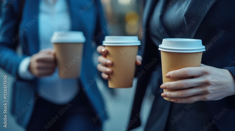 Business people having informal meeting while walking outdoors and holding takeaway coffee Business people having informal meeting while walking outdoors and holding takeaway coffee
